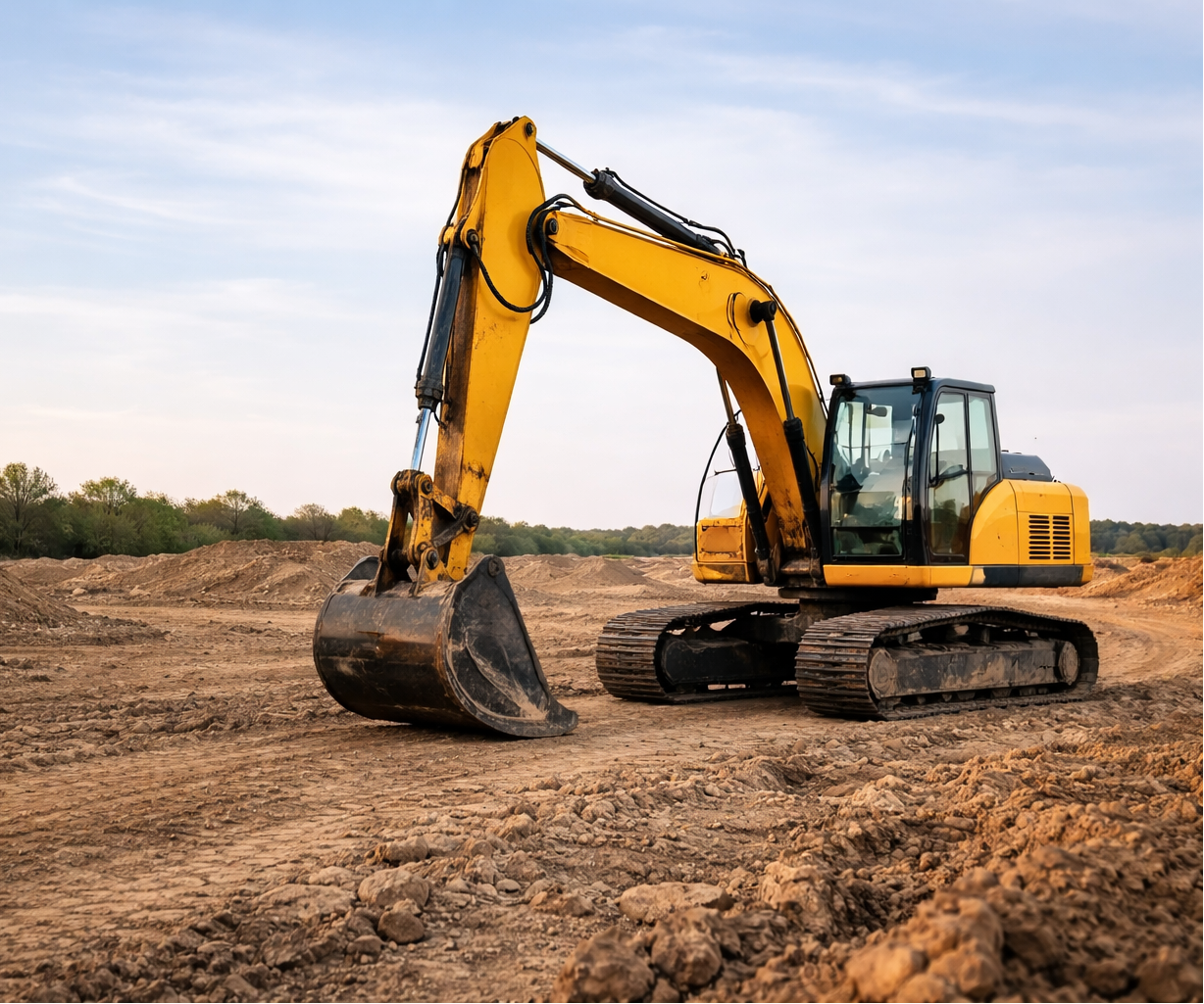 Yellow excavator on a construction site with a clear sky.